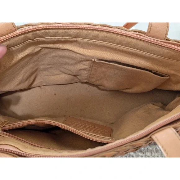 Fossil 75082 Leather Woven Basketweave Shoulder Bag Tan Camel Medium Tote - Picture 7 of 10